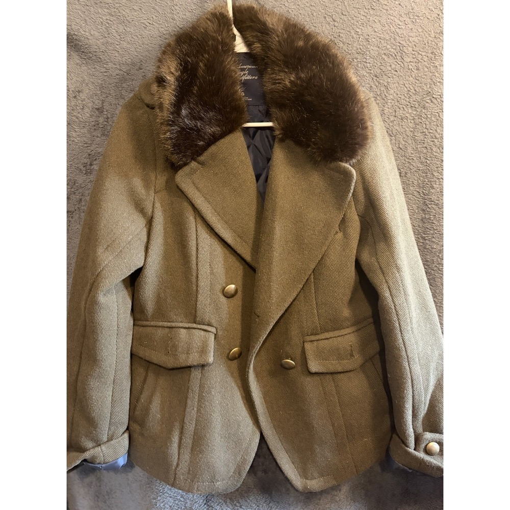 American Eagle Y2K Military Wool Blend Coat L Olive Faux Fur Collar Dbl Breasted